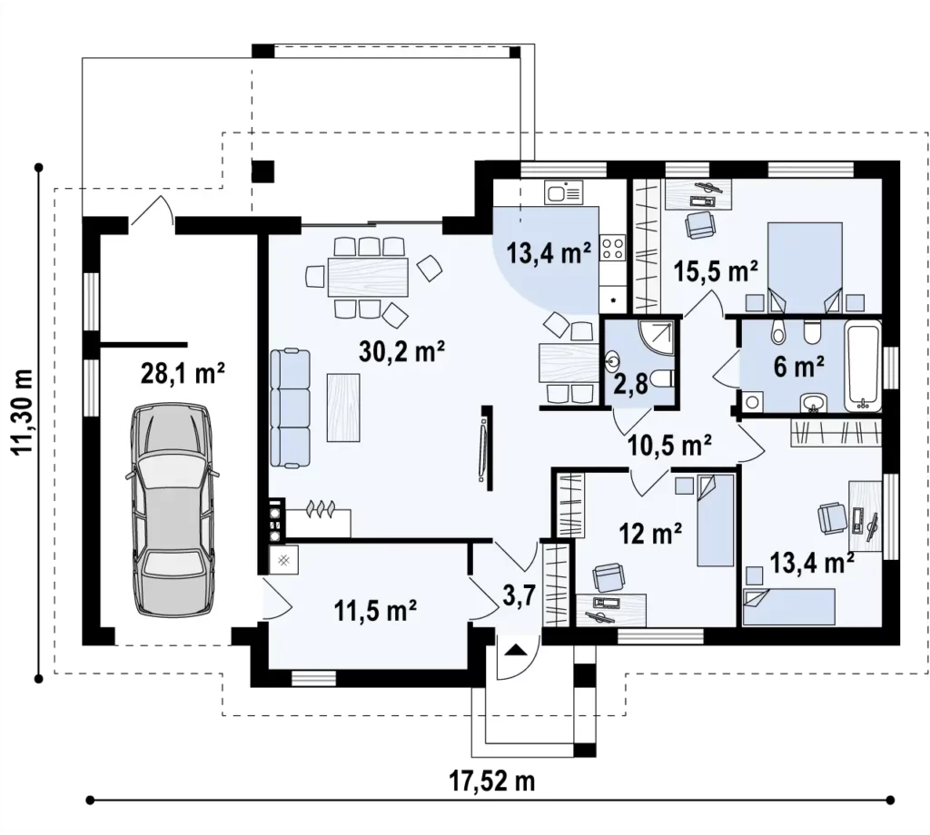 Планировка дома из СИП-панелей по проекту 1А-176